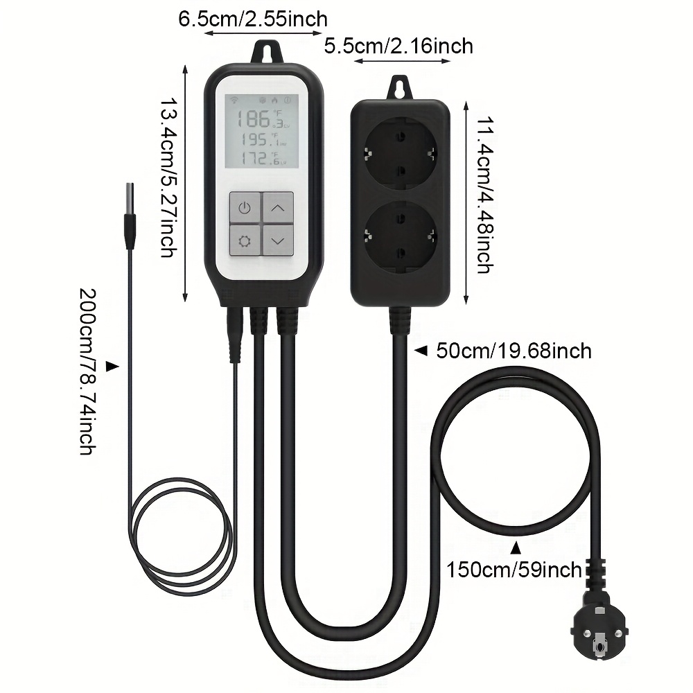 Regolatore di temperatura e termostato con Wi-Fi e spina europea da 230 V, dotato di presa digitale controllabile tramite app, con sonda termica, ideale per incubatrici, birrificazione, serre, terrari