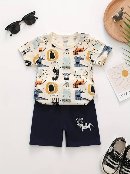 boys cotton dinosaur print short sleeve shirt shorts set soft and comfortable kindergarten outfit 2pcs short sleeve shorts set outdoor