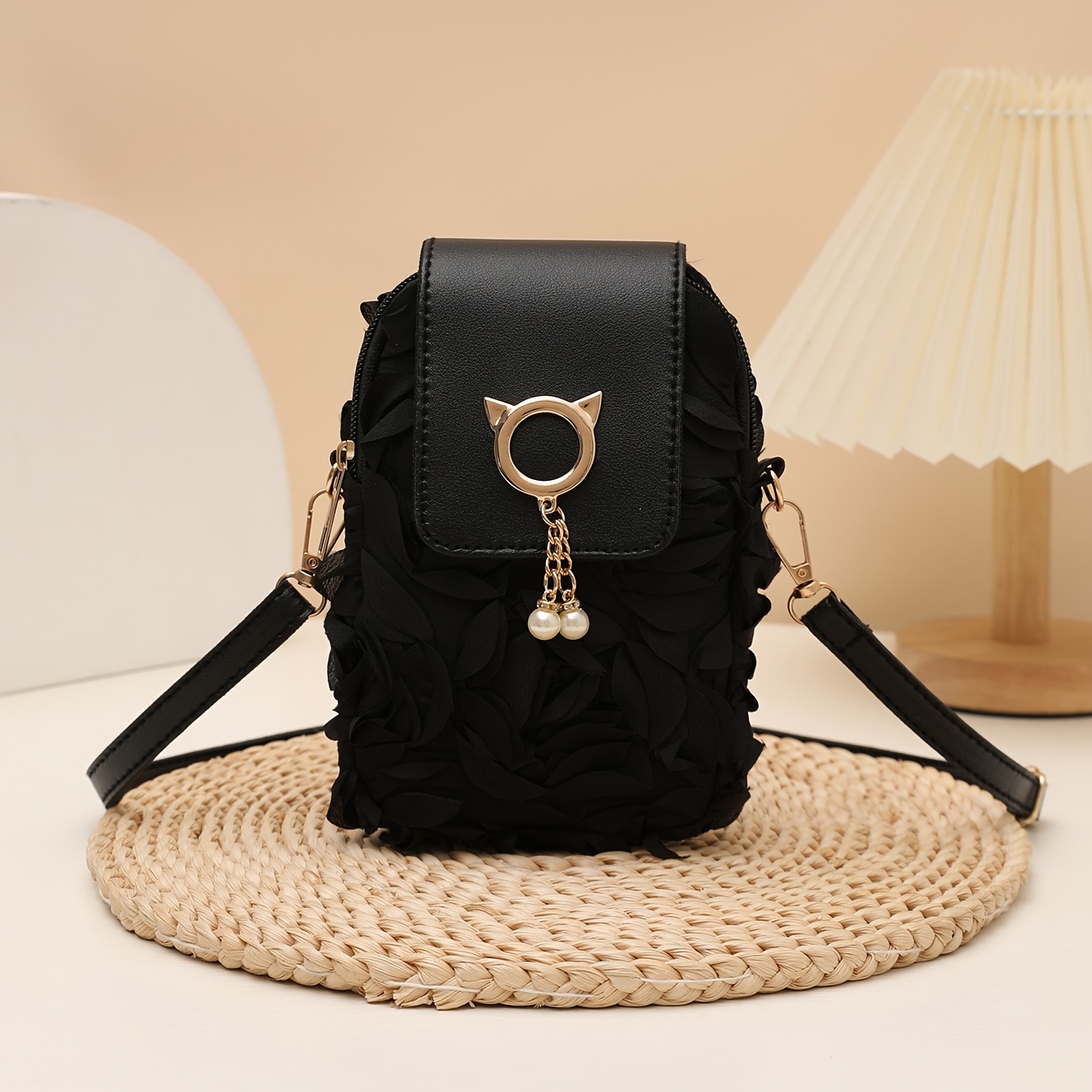 TEMU Women's Appliqué Shoulder Bag With Owl Charm & Tassels - Adjustable Strap Suitable For Daily Casual & Vacation Wear, Zipper Closure Phone Purse,