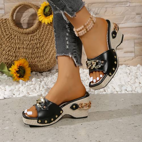 womens black white embellished platform sandals slip on square toe wedge heel with golden studs tpu upper rubber sole for summer parties casual ladies sandals