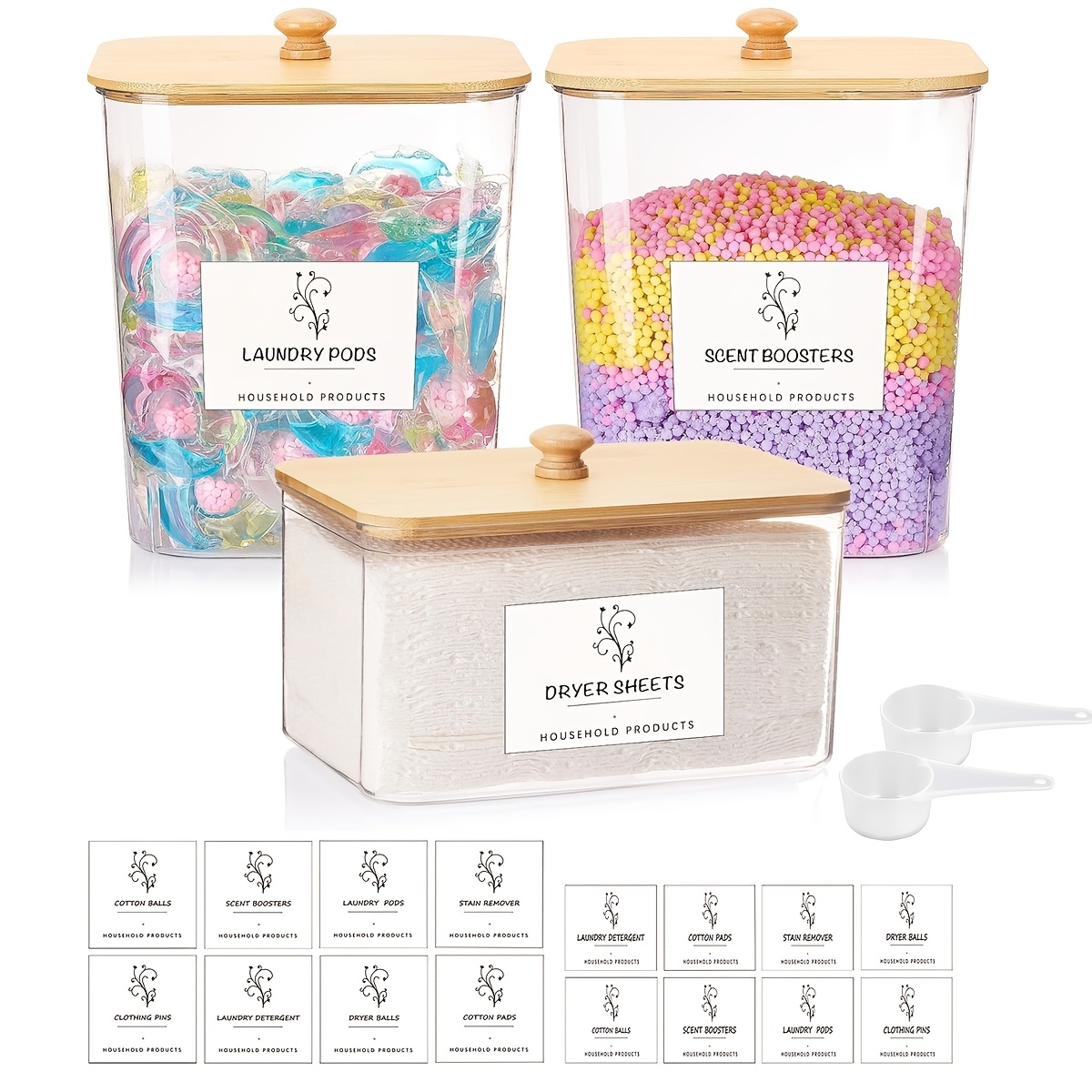 TEMU 3 Pack Laundry Room Organization Storage Containers, Clear Laundry Pod Containers And Dryer Sheet Holder Set With Lids And Labels For Detergent, Powder, Dryer Balls, Beads, Open Storage Bins For