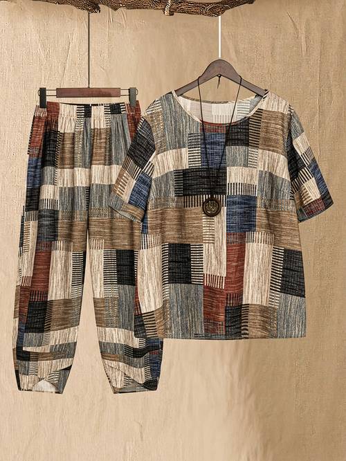 dj103027 spring and wear set featuring a geometric round neck short sleeve top with carrot pants for women