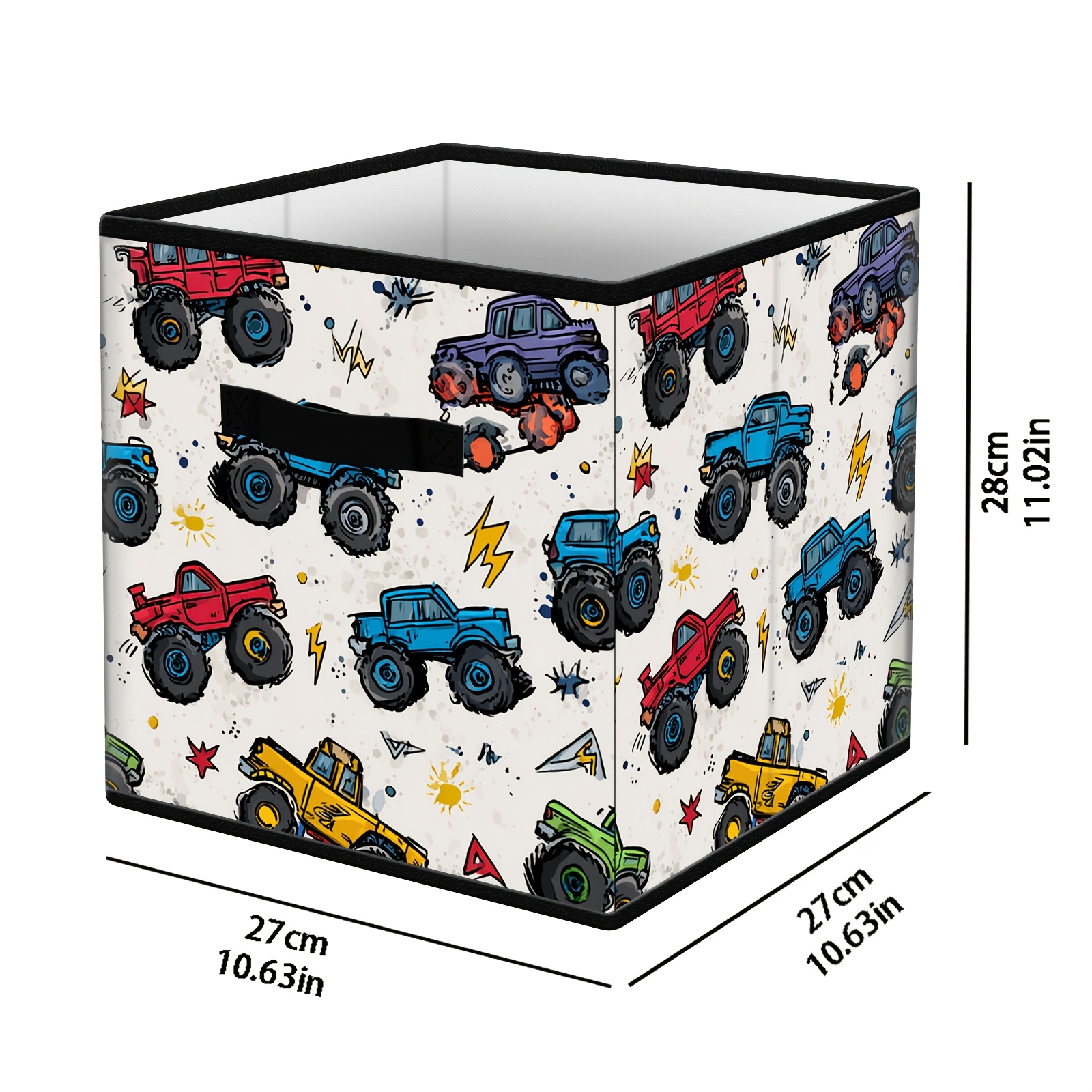 TEMU 1pc Monster Trucks-themed Foldable Cube Bookshelf & Storage Box With Colorful Monster Truck Patterns - Retro ' Room Organizer, Durable Polyester