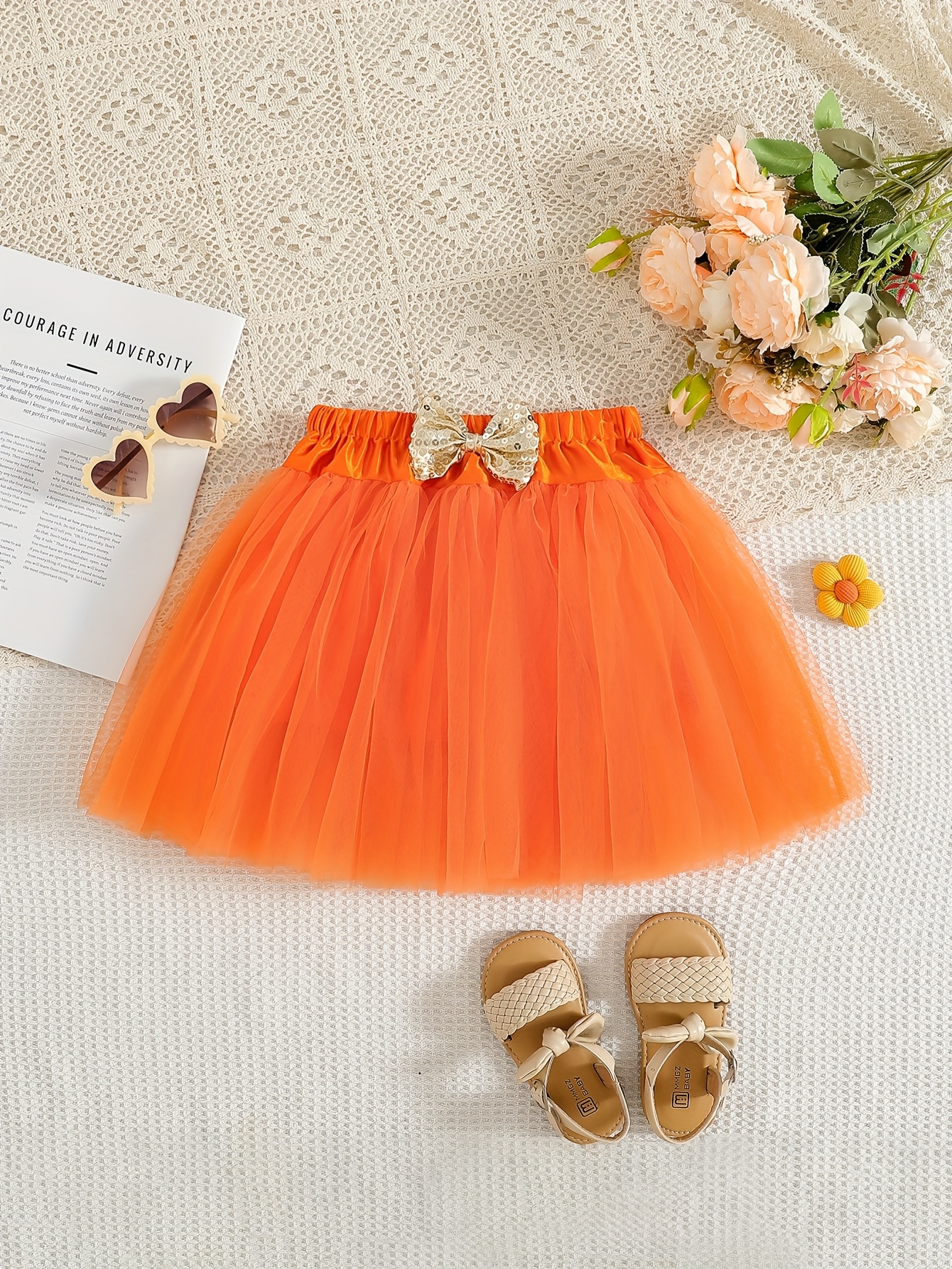 4-7Y Girls Red Tulle Tutu Skirt With Sequin Bow, Cute Dance Party Skirt-  Performances