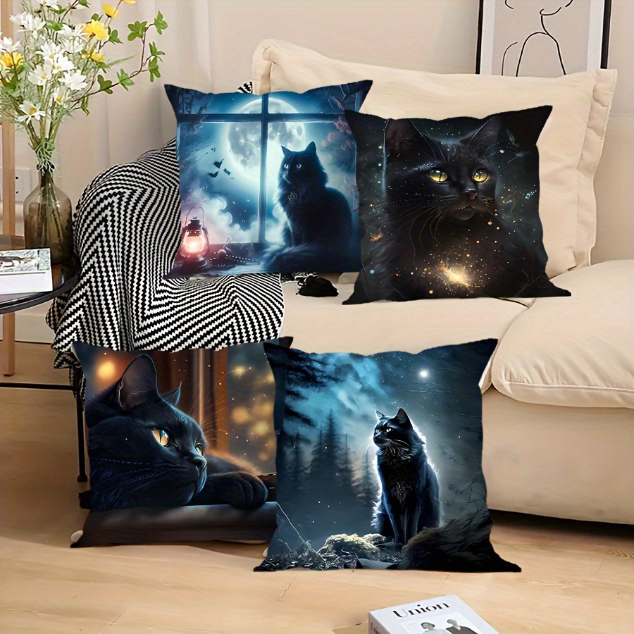 

4pcs, Modern Creative Cute Black -piece Set Starry Background, Moon Pattern, Short Plush Single-sided Printing , Invisible Zipper, Suitable For Living Room Bedroom Sofa Interior Decoration, No