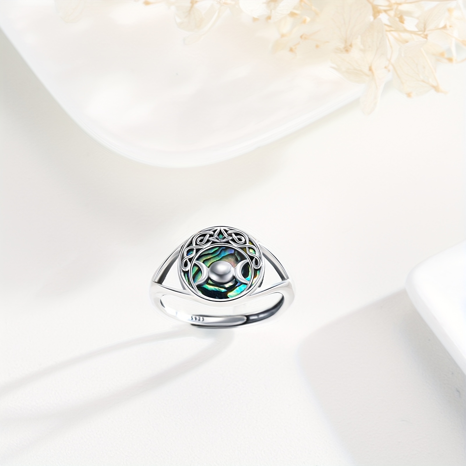Celtic Triple Moon Ring Abalone Shell Adjustable Amulet Ring