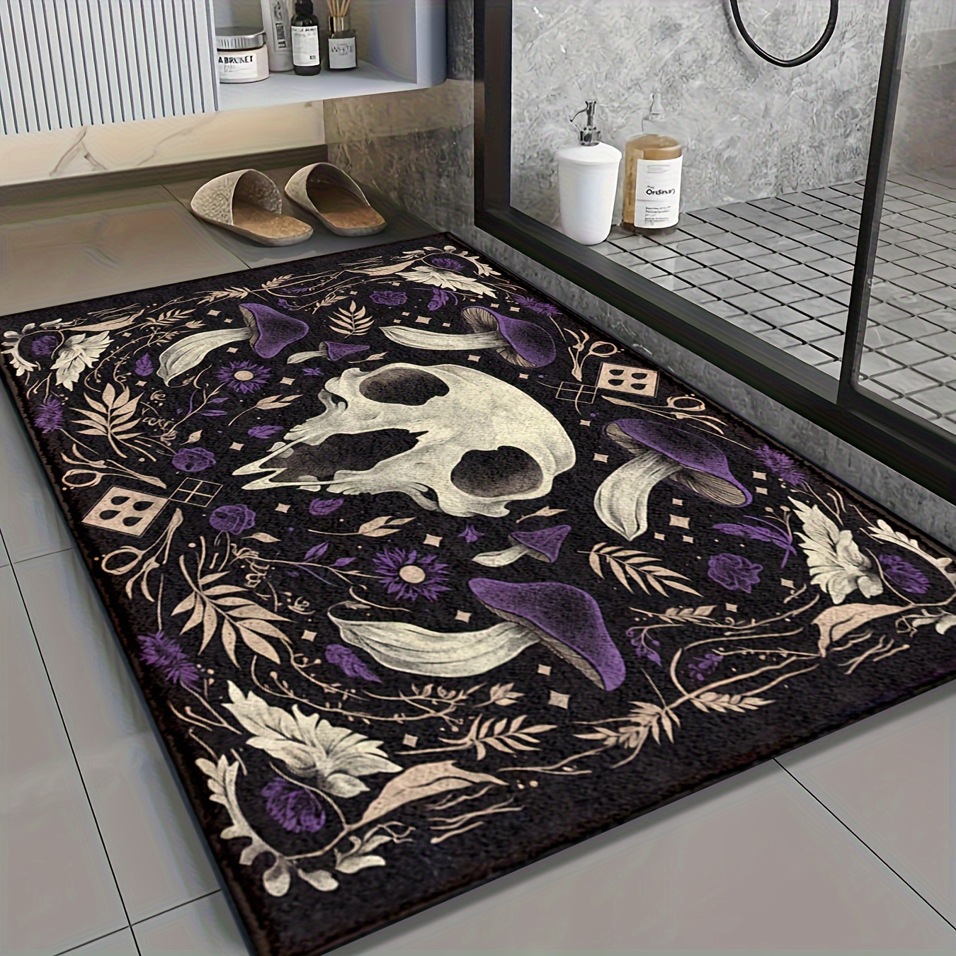 TEMU & Purple Mushroom Halloween Bath Mat - Microfiber, Non-slip, Quick-dry, Machine Washable - Kitchen, Bathroom, Shower Decor, Fluffy Plush Winter