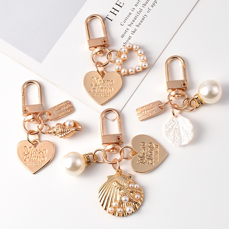 

4pcs Elegant Ladies Key Ring Set, & Shell Charms With Pearls, Decorative Fashion Accessory For