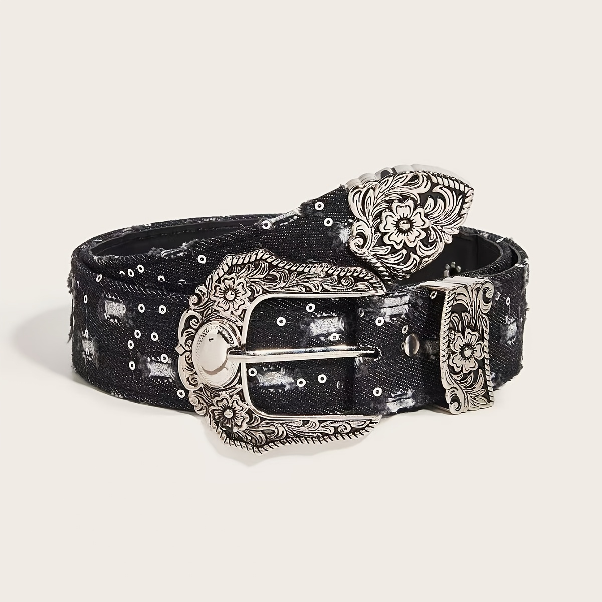 Image of Vintage-style Belt With Retro Carved Pin , Embroidered Rivet Detail, Panel - Versatile Accessory For Beach, Night Out, Weekend Casual, Festive Occasions - One-size Denim Aesthetic Belts