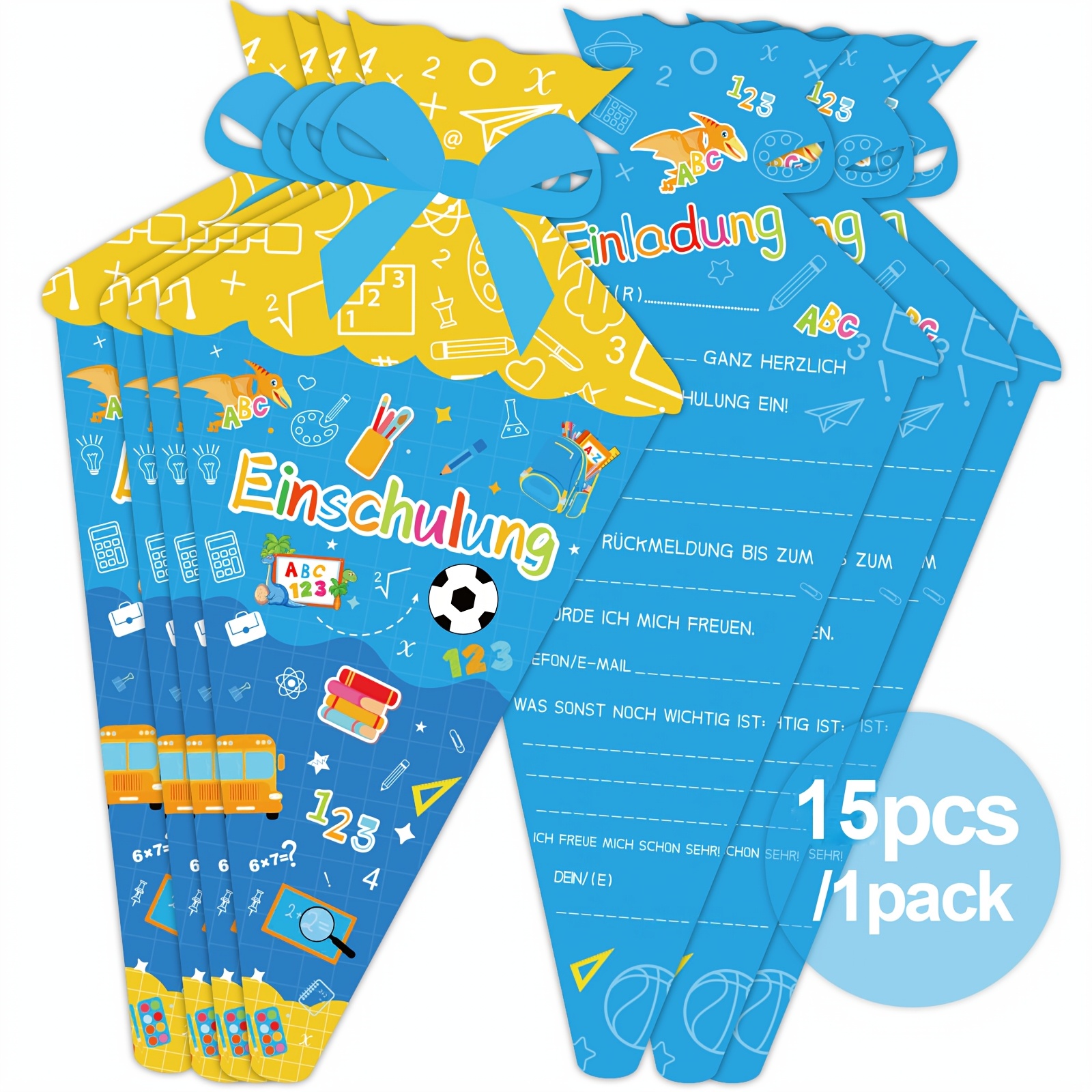 15pcs Of -to-school Invitation Cards Shaped Like Candy Bags, Featuring Stationery Patterns Such As Backpacks, School Buses, Pencils, And Rulers For A Themed Back-to-school Party