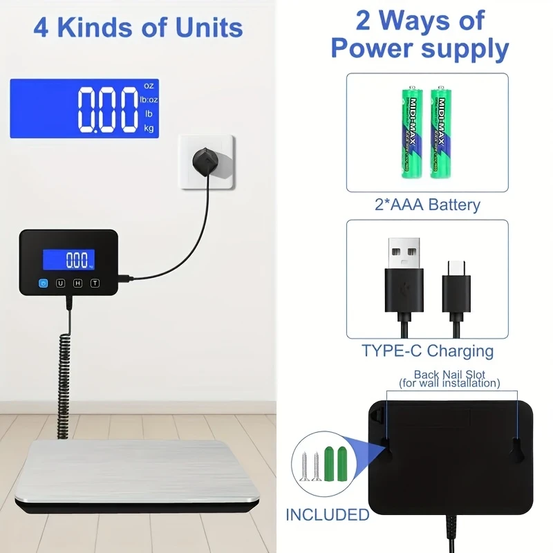scale 440lbs 0 sleek metallic with hold function usb battery powered ideal for packages small business home use details 2