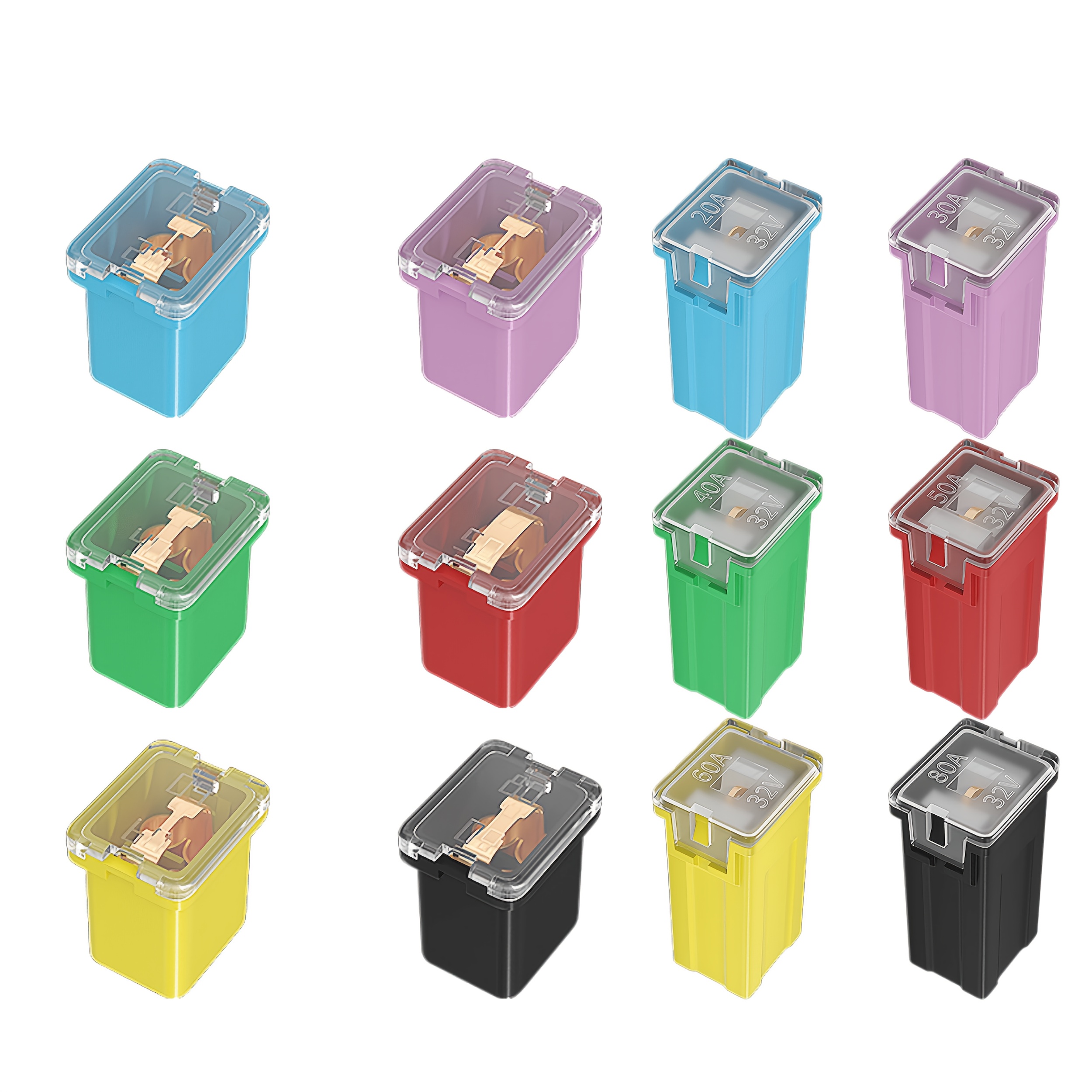 TEMU 12pcs Fuse Assortment Kit - Tall/standard And Low Profile Box Shaped Fuses (20a, 30a, 40a, 50a, 60a, 80a) For Pickup Trucks, Cars, Suvs