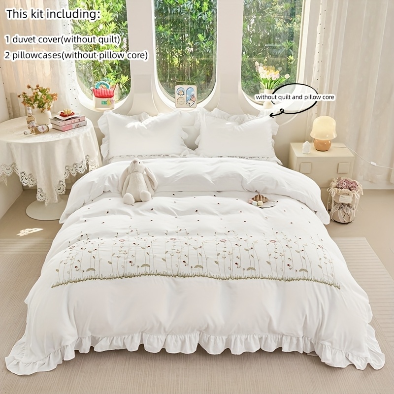 Floral Botanical Embroidered Lace Bedding 3pcs Set, White Lace Duvet Cover And Pillowcases, Inserts Not Included