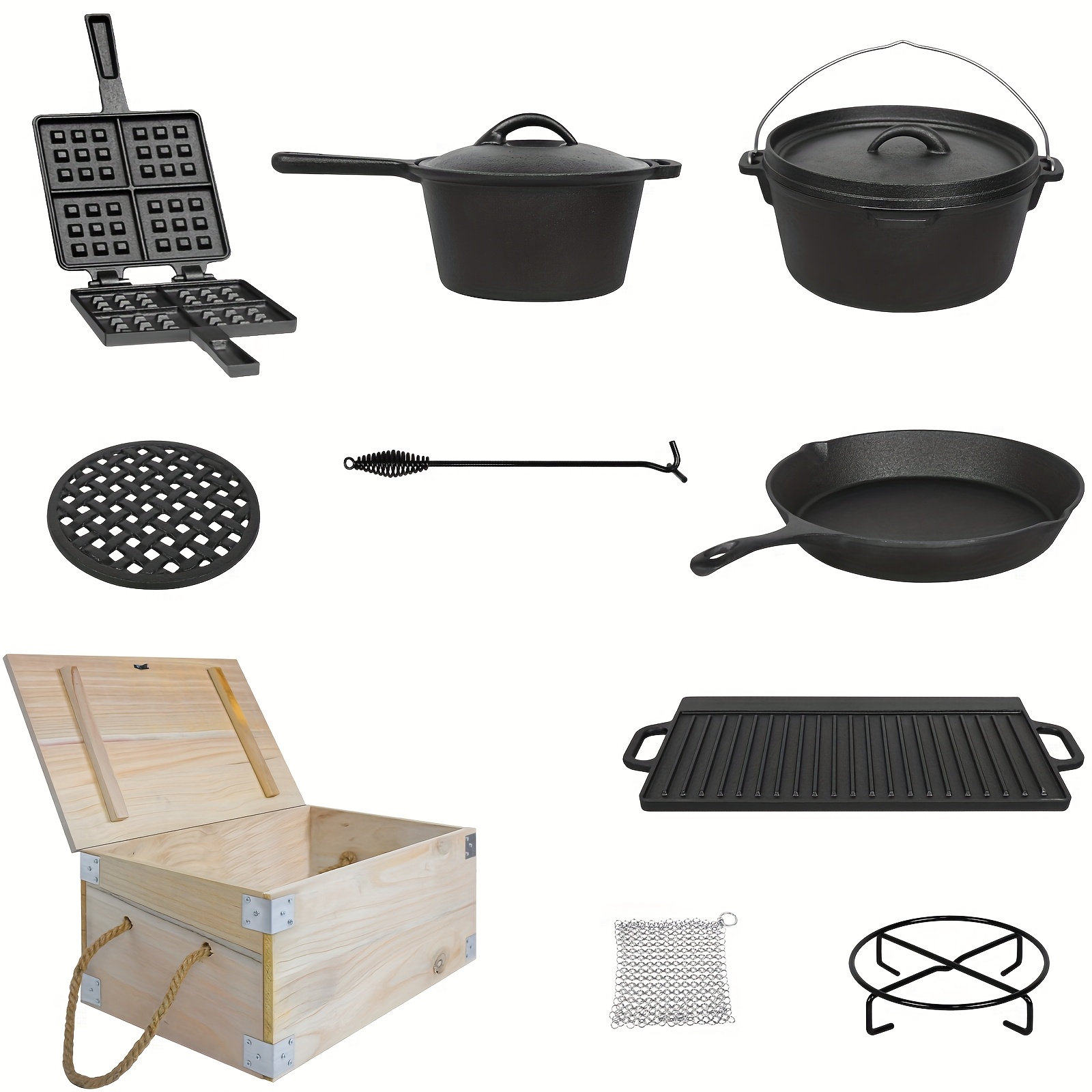 E-shop 12-teiliges Dutch Oven-Set mit Holzkiste inklusive Topf, Bratpfanne, Backform, Milchtopf, Vorspeisenplatte, Waffeleisen, Handschuhe, Matte und