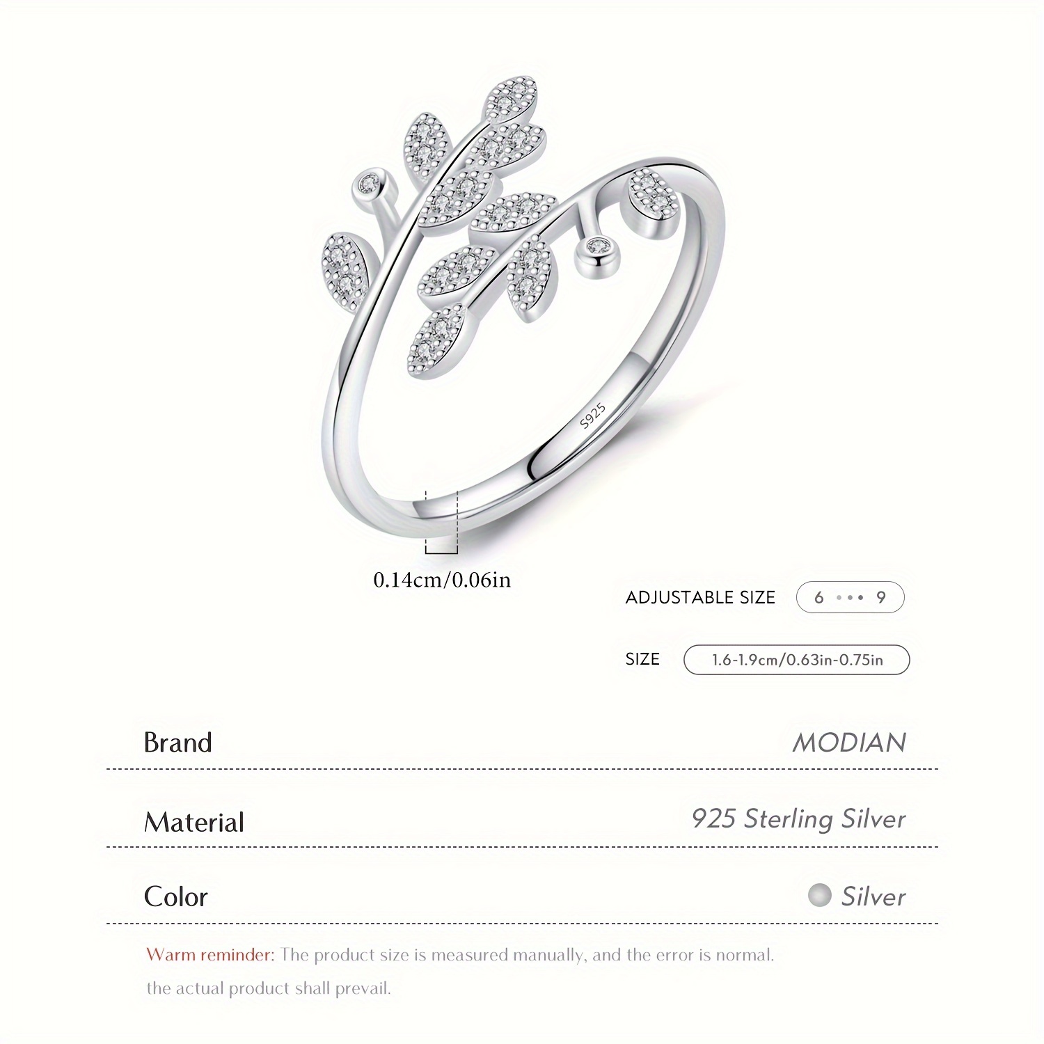 Women's 925 Sterling Silver Adjustable Ring with Sparkling CZ Leaf
