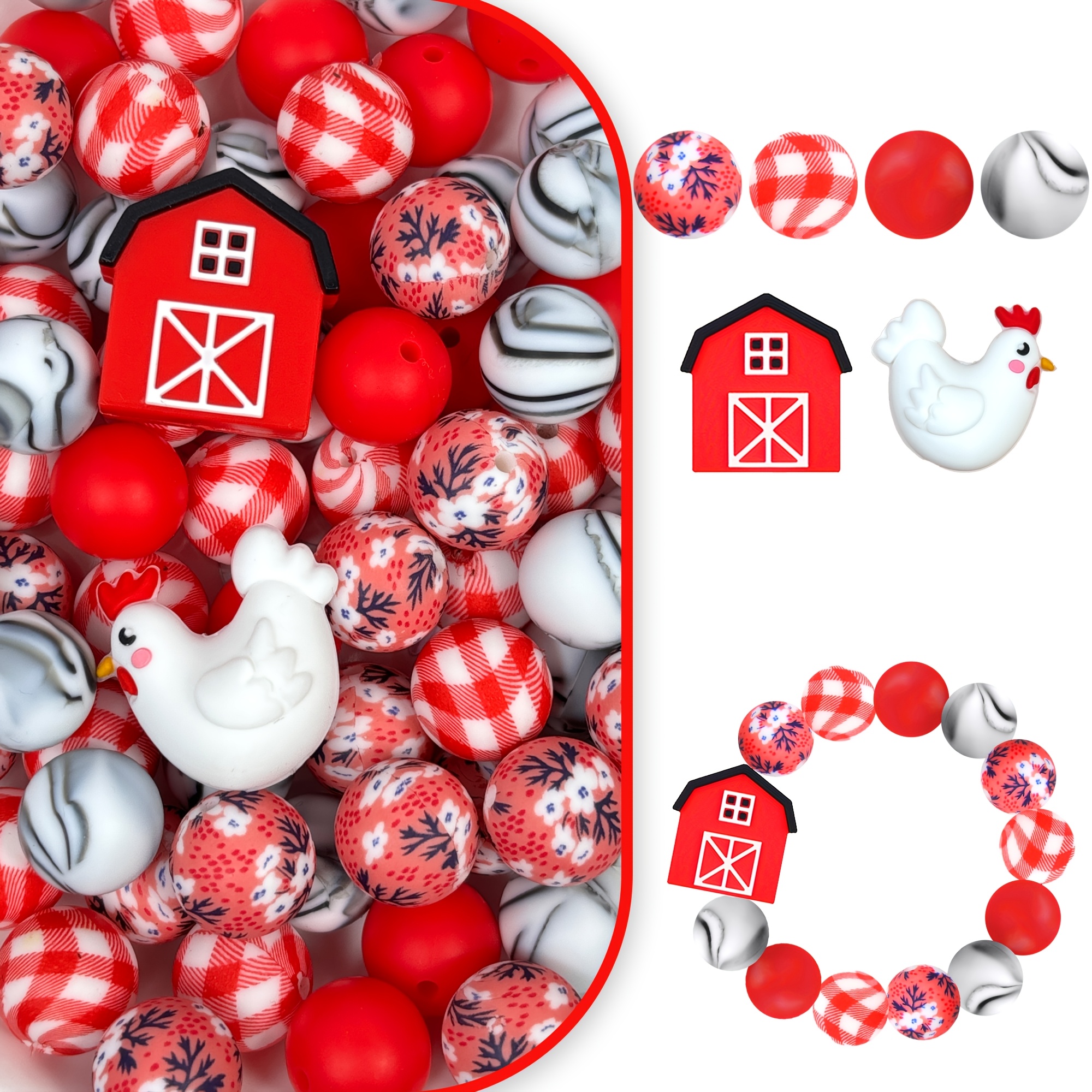TEMU 38pcs Silicone Beads 3d Stereoscopic Farm Barn Silo Rooster Silicone Shaping Loose Beads Floral Branch Red Checkered Print Colored Round Beads,