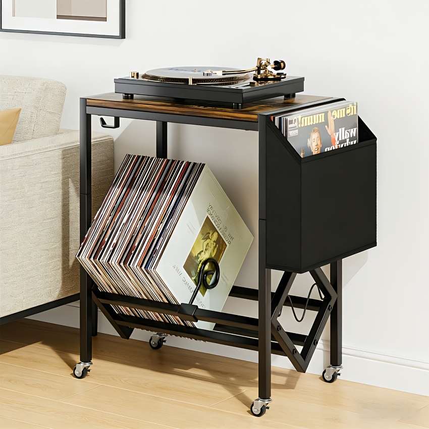 Image of Vinyl Record Holder, Magazine Storage Box, Movable Vinyl Record Stand, Double-layer Cd Record Storage Rack, Sliding Record And Magazine Storage Rack, Black