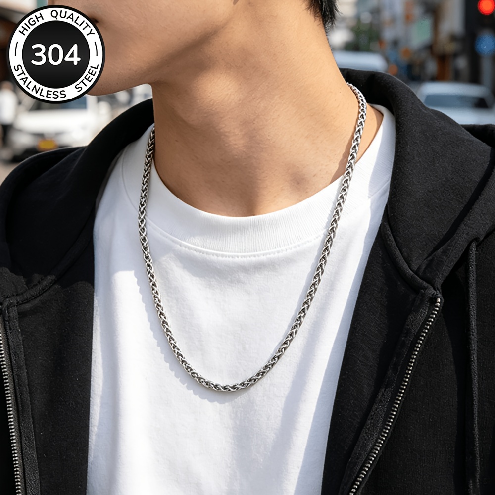 TEMU Fashionable Men's 304 304 304 Stainless Steel Chain Necklace, Unisex Style Suitable For Men And Women - Cuban Link Necklace, 5mm Silvery 304 304