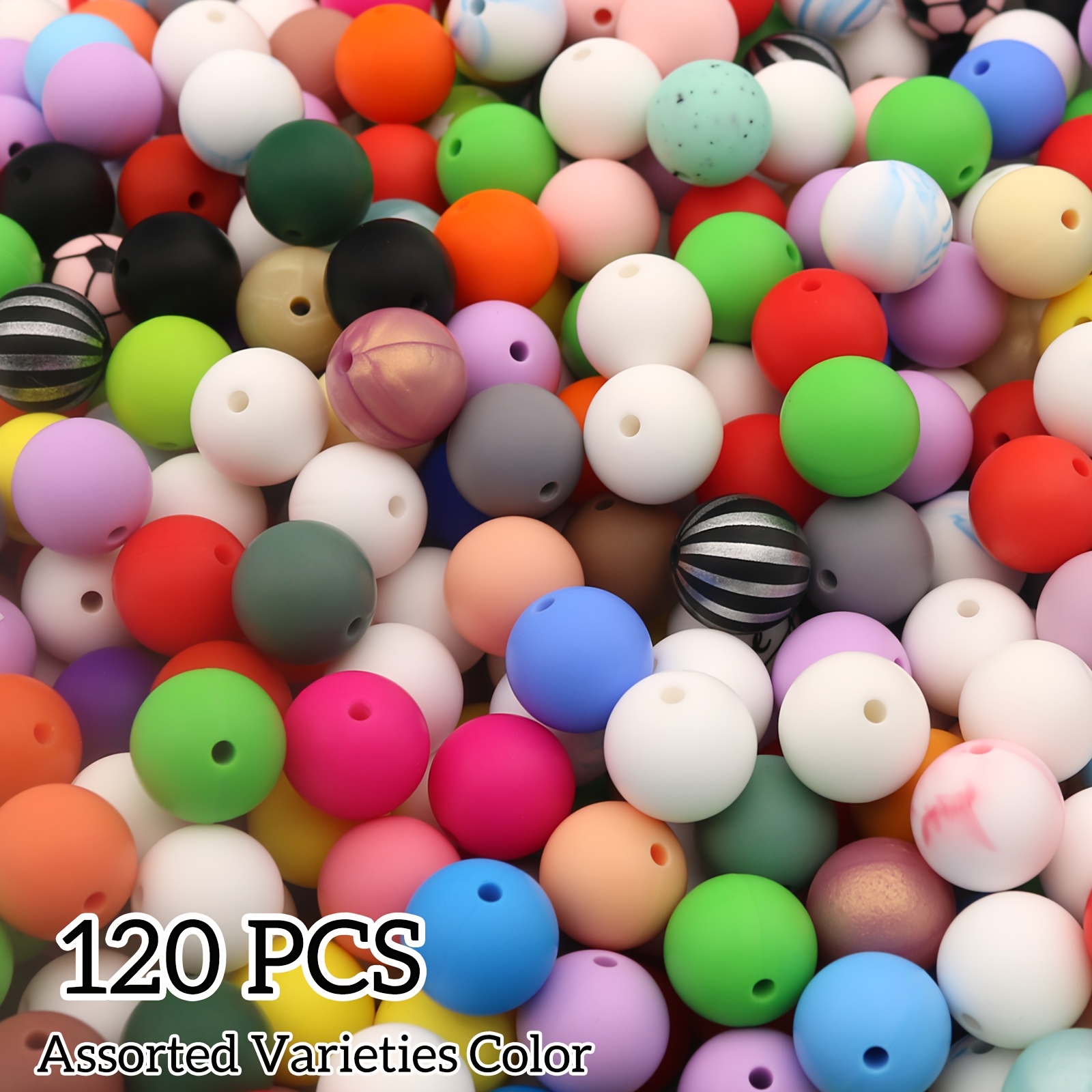 TEMU 120pcs Perles de silicone mélangées et colorées - Perles rondes assorties aléatoires de 15 mm pour la fabrication de porte-clés, fournitures de