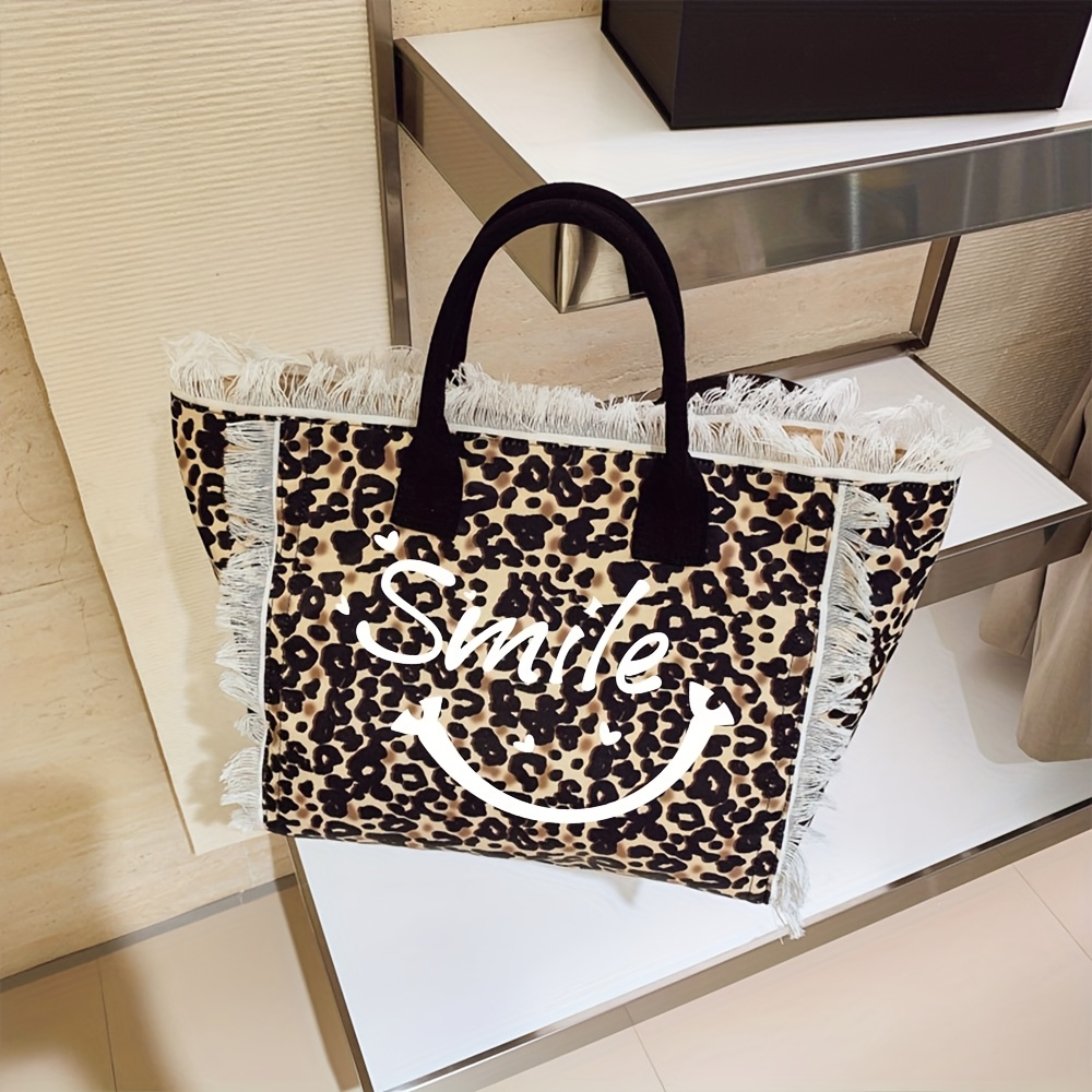E-shop HUOHUO Damen Große Handtasche mit Fröhlichem Gesicht & Leopardenmuster - Robuste Handtasche mit Fransenbesatz, Goldfarbener Beschläge &