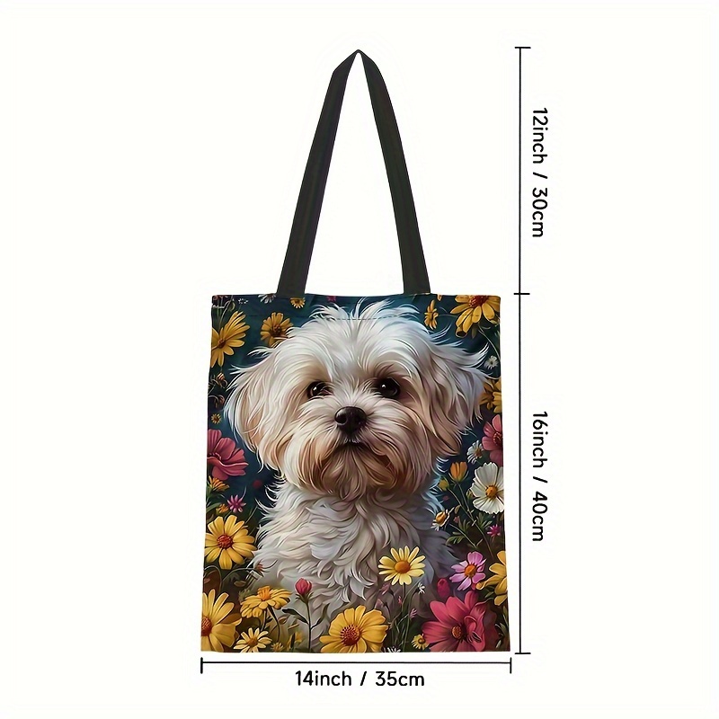 Chic Puppy & Floral Canvas Tote Bag - Lightweight, Reusable Shopping Handbag For Everyday Use, Flower, Multifunctional
