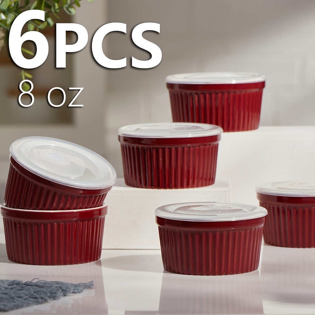 

Ramekins With Lids, 8 Oz Creme Brulee Souffle Dishes Oven Safe Ceramic Pudding Cups With Silicone Covers Stackable Set Of 6 For Baking - Red