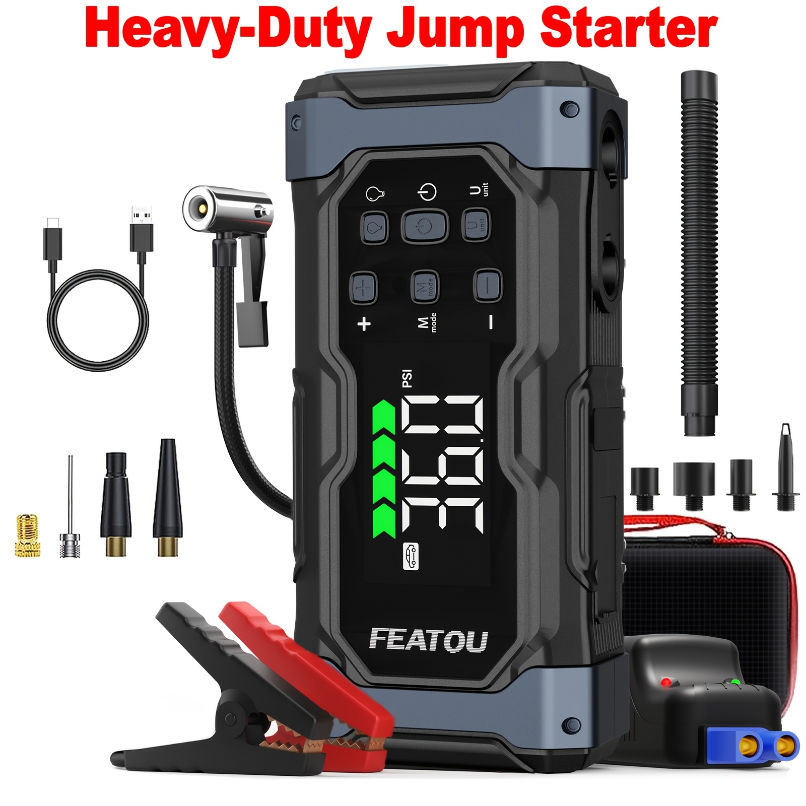 TEMU Featou 24000mah Jump Starter With Air Compressor/tire Inflator, 12vjumper Box For Car(all Gas/14l ), 12 In1 Portable Jump Starter Power Pack,