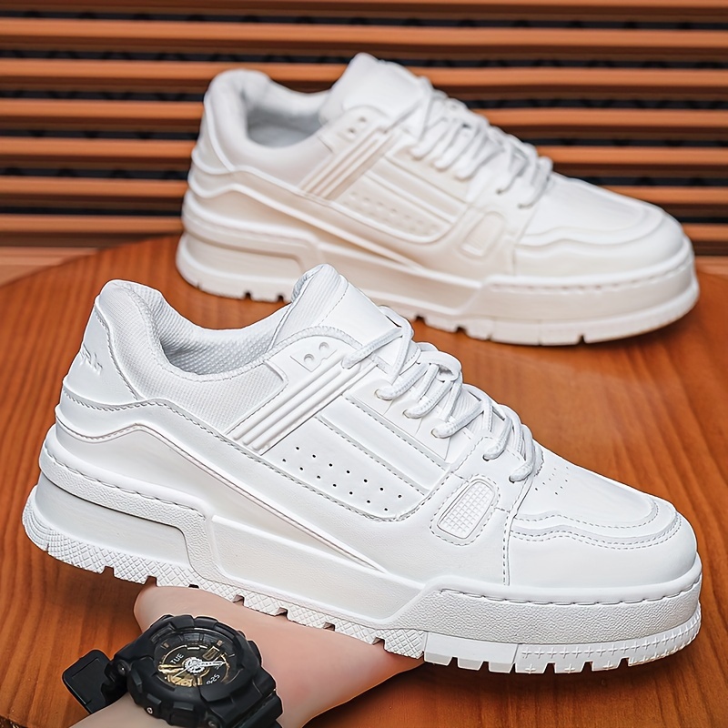 

Men's Fashionable White Casual Sneakers - & Trendy, Low-top Lace-up Running Shoes With , Pu Upper & Pvc Sole, Comfortable Fabric Insole, Outdoor Activities