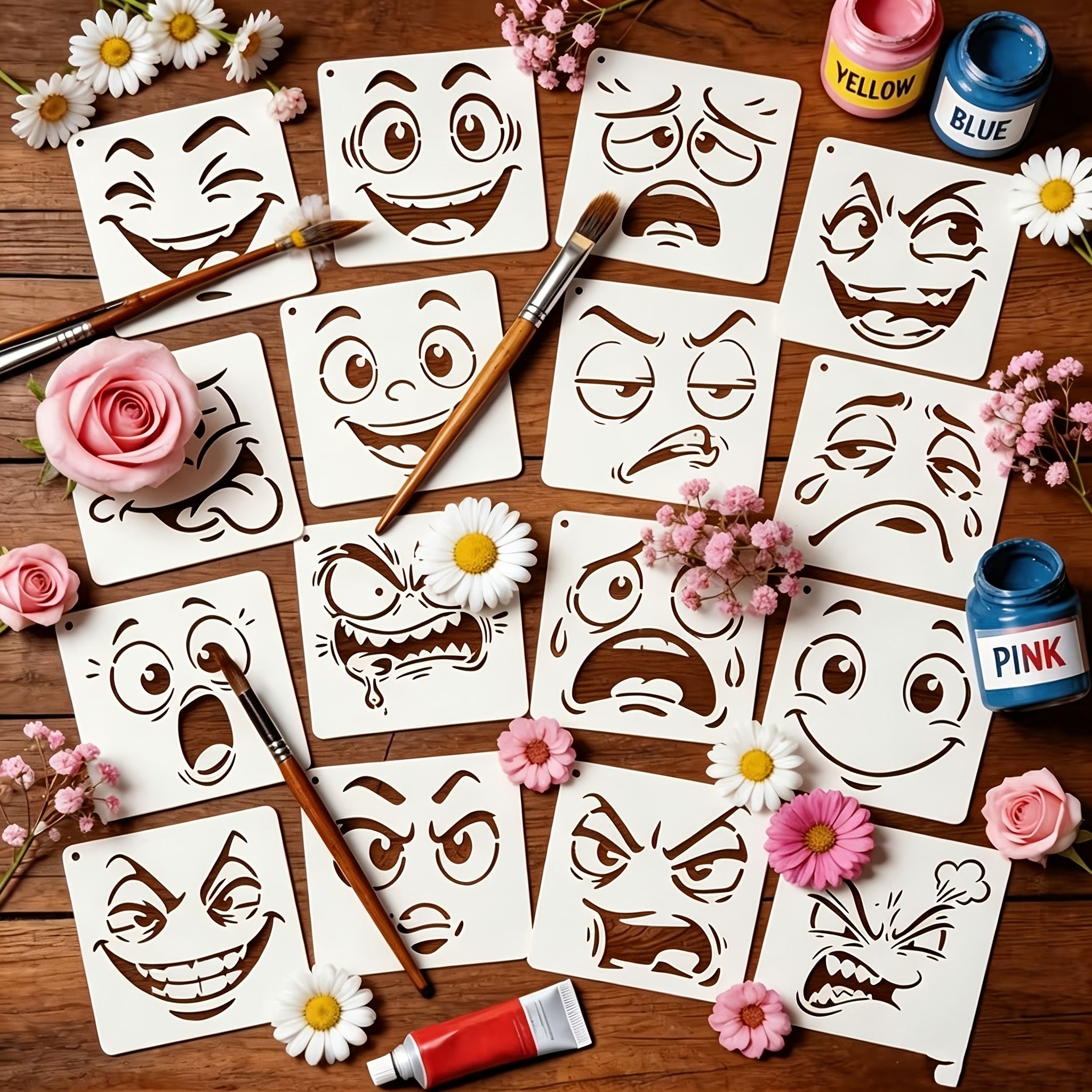 TEMU Lot de 16 pochoirs mignons avec de dessin , 3,94x3,94 pouces, modèles de peinture lavables en laiteux, réutilisables pour mur, toile, textile,