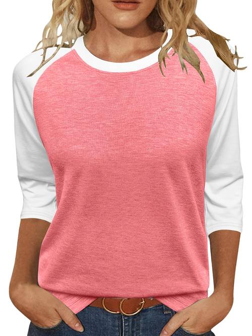 womens 3 4 sleeve basic top fashionable and elegant round neck color block shirt comfortable and loose casual 3 4 sleeve t shirt