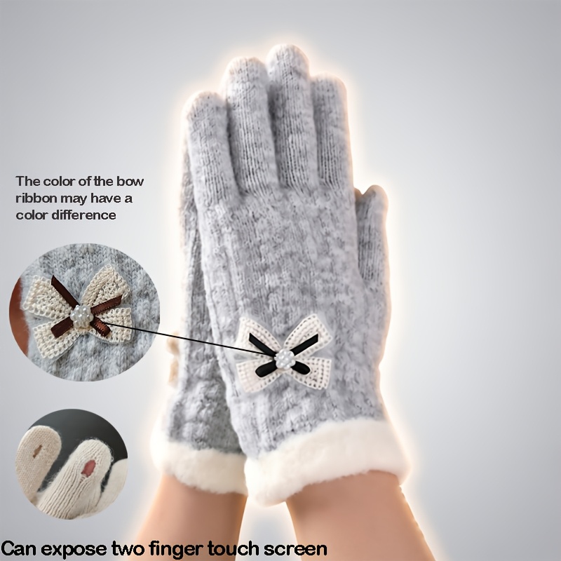 TEMU Gants d'hiver chauds pour femmes avec décoration de nœud, gants chauds anti-froid , gants chauds de couleur unie, gants preppy et mignons. et