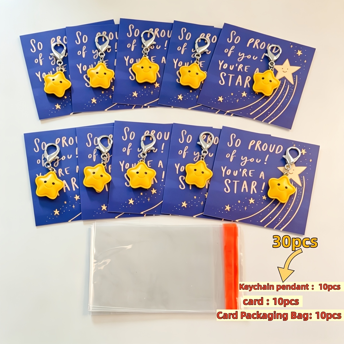 TEMU 30-piece Set Containing 10 Adorable Star-shaped Keychain Combinations, With Encouragement Cards. The Set Includes 10 Keychains, 10 Cards, And 10