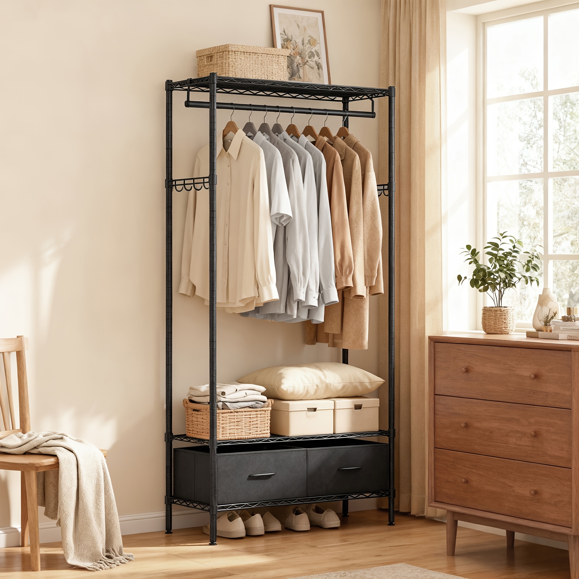A Black Wardrobe Featuring Wire Shelves, An Design, 2 Drawers, And A Clothes Rail, Portable Closets