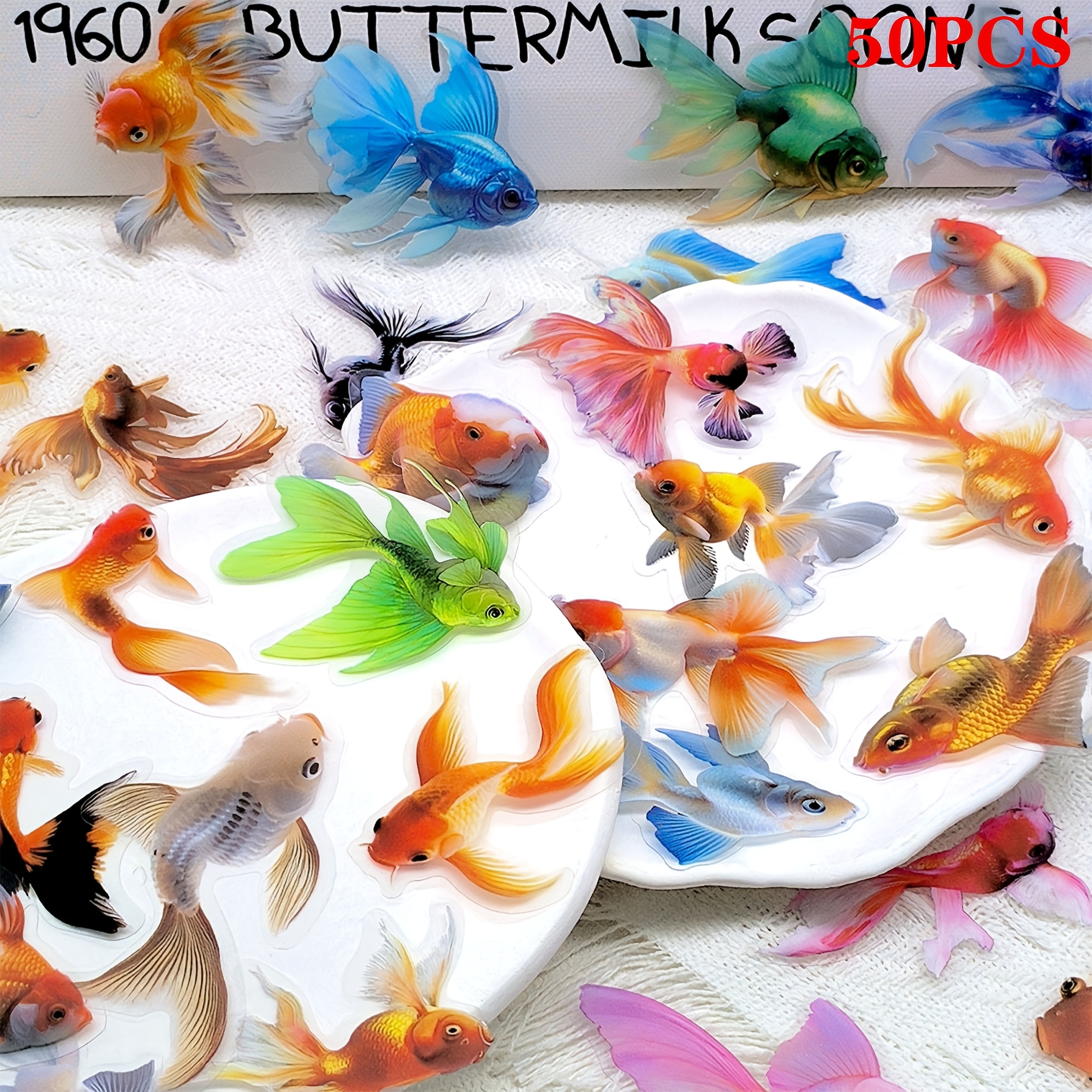 50/100pcs Gorgeous & Exquisite Goldfish Stickers, Double-transparent Pet Decorative Stickers, Diy Cartoon Stickers For Phones, Computers, Notebooks, Water Bottles, Suitcases And Other Items
