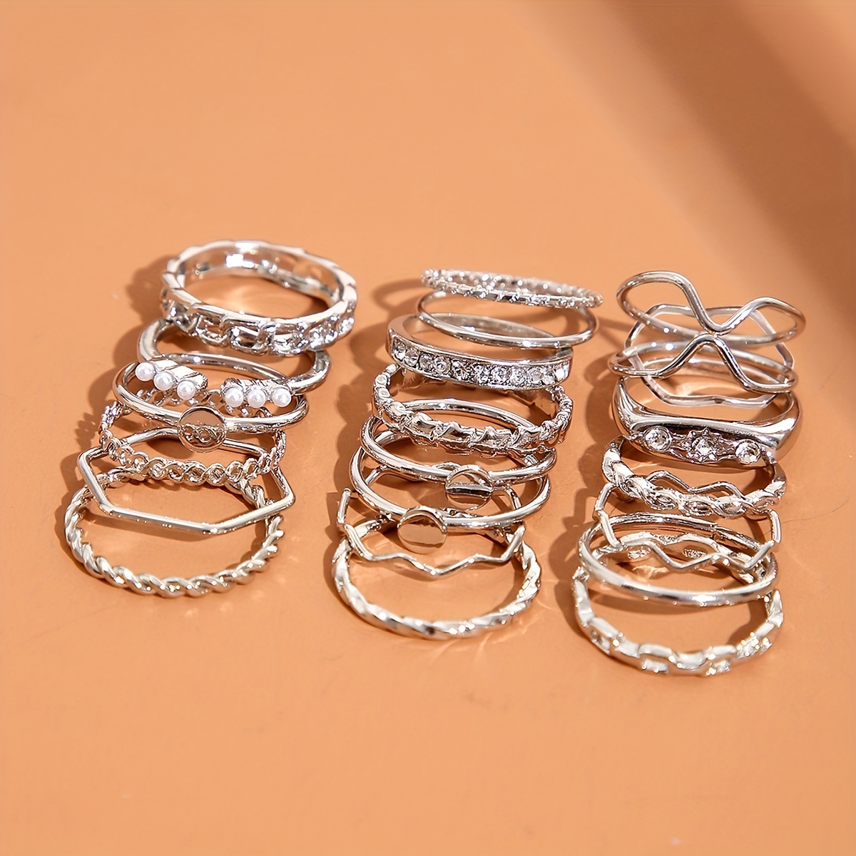 20 Stylish Retro Geometric Chain Water Drill Bling Rings