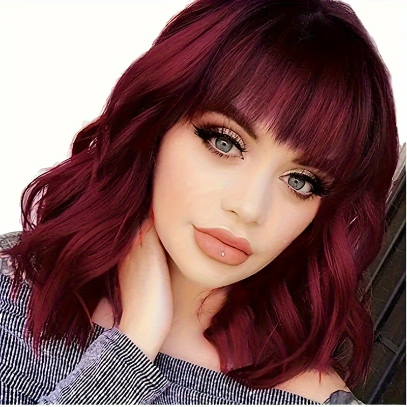 

1pc Women's Burgundy Red Curly Wave Bob Wig With Bangs - Fiber, Cap, Cosplay Style For Daily, Party, Halloween Use