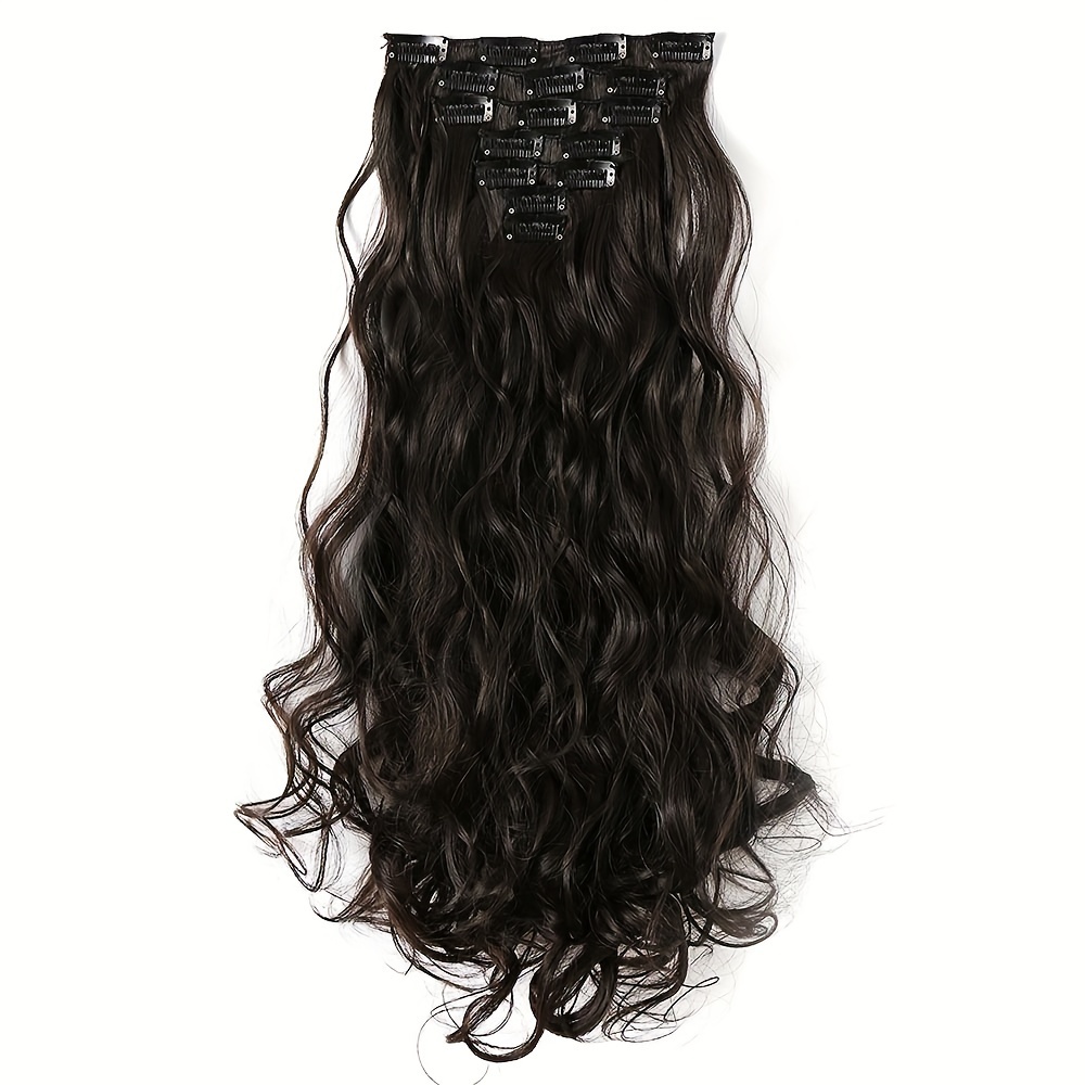 TEMU 22 Inch Long Wavy Synthetic Hair Extensions, Clip-in Heat Resistant Curly Hairpieces, Synthetic Fiber, Double Weft For Women