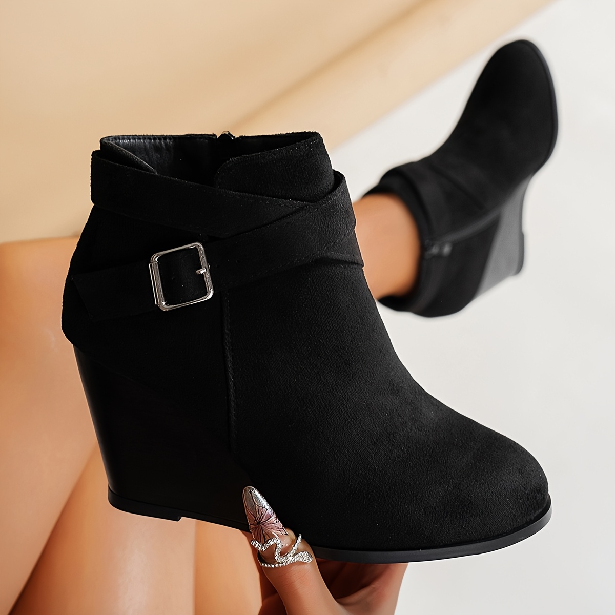 womens ankle booties black fabric upper Temu Canada