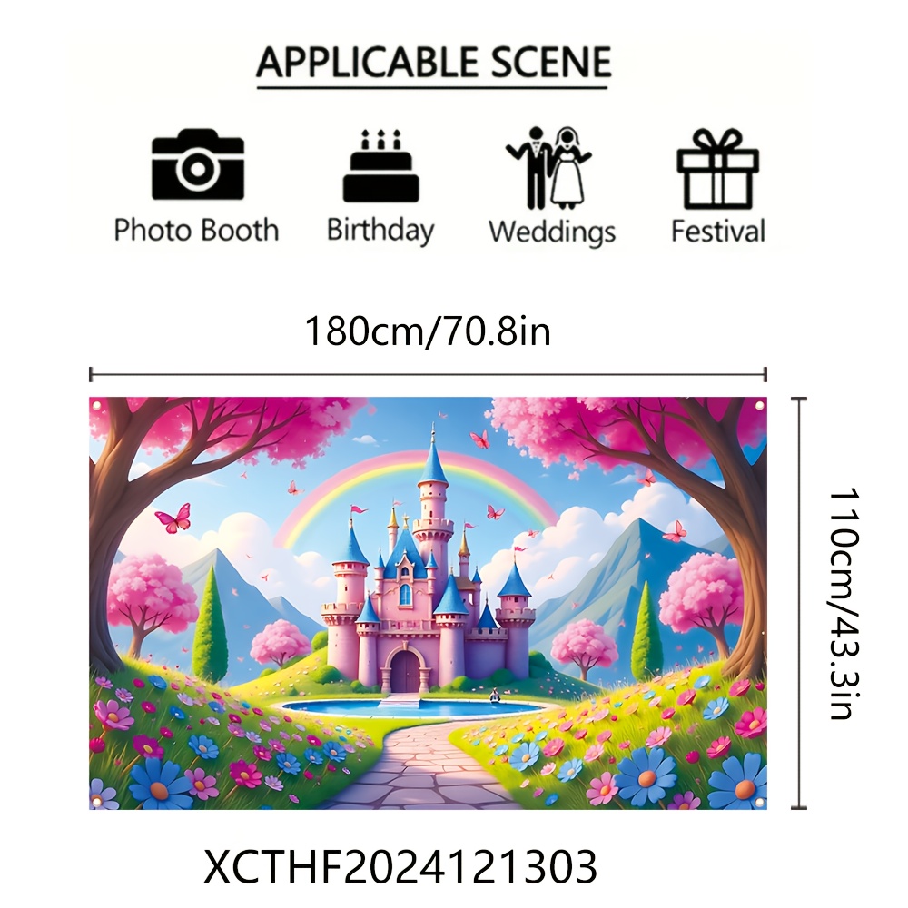 TEMU [jit] 1pc, Spring Castle Background Decoration Flag, 180cm * 110cm/ Inches * 43.3 Inches, Polyester Spring Floral Castle Pattern Photography