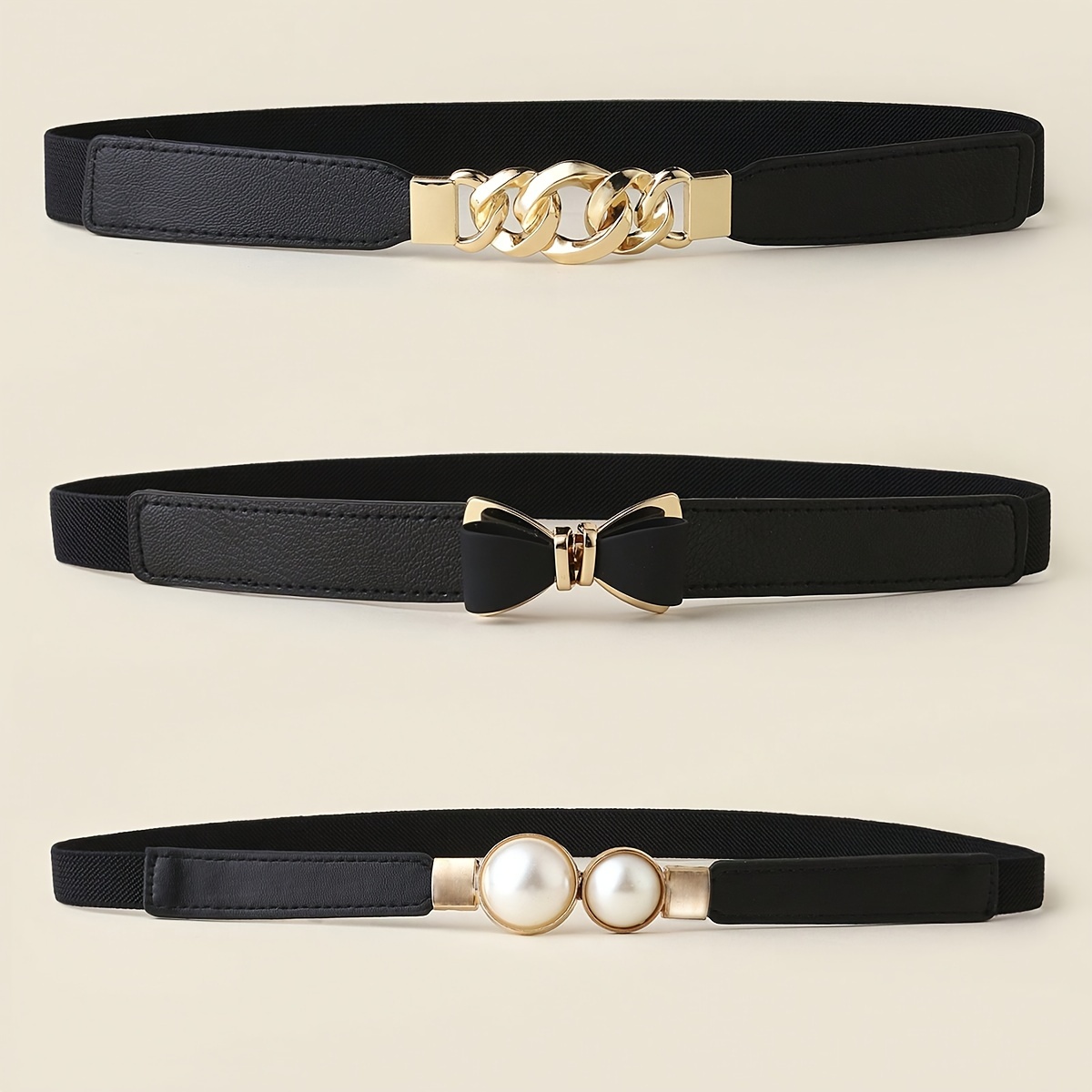 

3pcs Women', Fashionable And Waist Belt, Chain Bow Anti-pearl Band, Windbreaker, Dress, Sweater, Jacket Temperament Alloy Belt, Suitable For , As A Gift