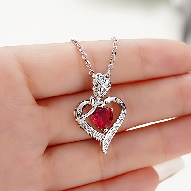 Image of 1pc Women's Fashion Pendant Necklace, Exquisite Rose And Heart Design With Red Synthetic, Perfect For Daily Wear, Dates, Parties, And Valentine's Day Gifts