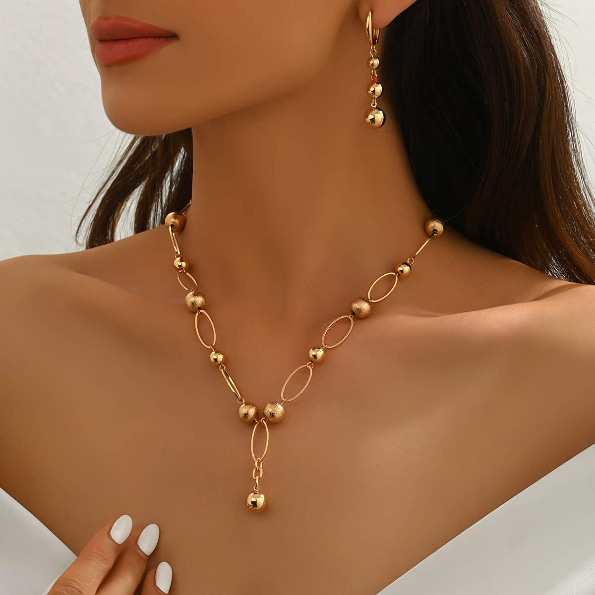 E-shop 2er-Set einzigartige goldene Perlenkette und Ohrring-Set für Damen, geeignet für tägliches Tragen und als Geschenk für Feiertage