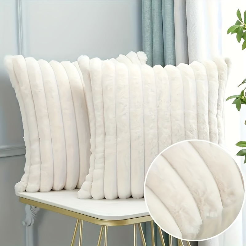 

1pc, Luxurious Striped Faux Fur Cushion Cover, Cream White, Soft Throw Pillow Case For Sofa And Bed, Machine Washable, Theme, , Multi-position, Zipper Closure, Cotton Fabric