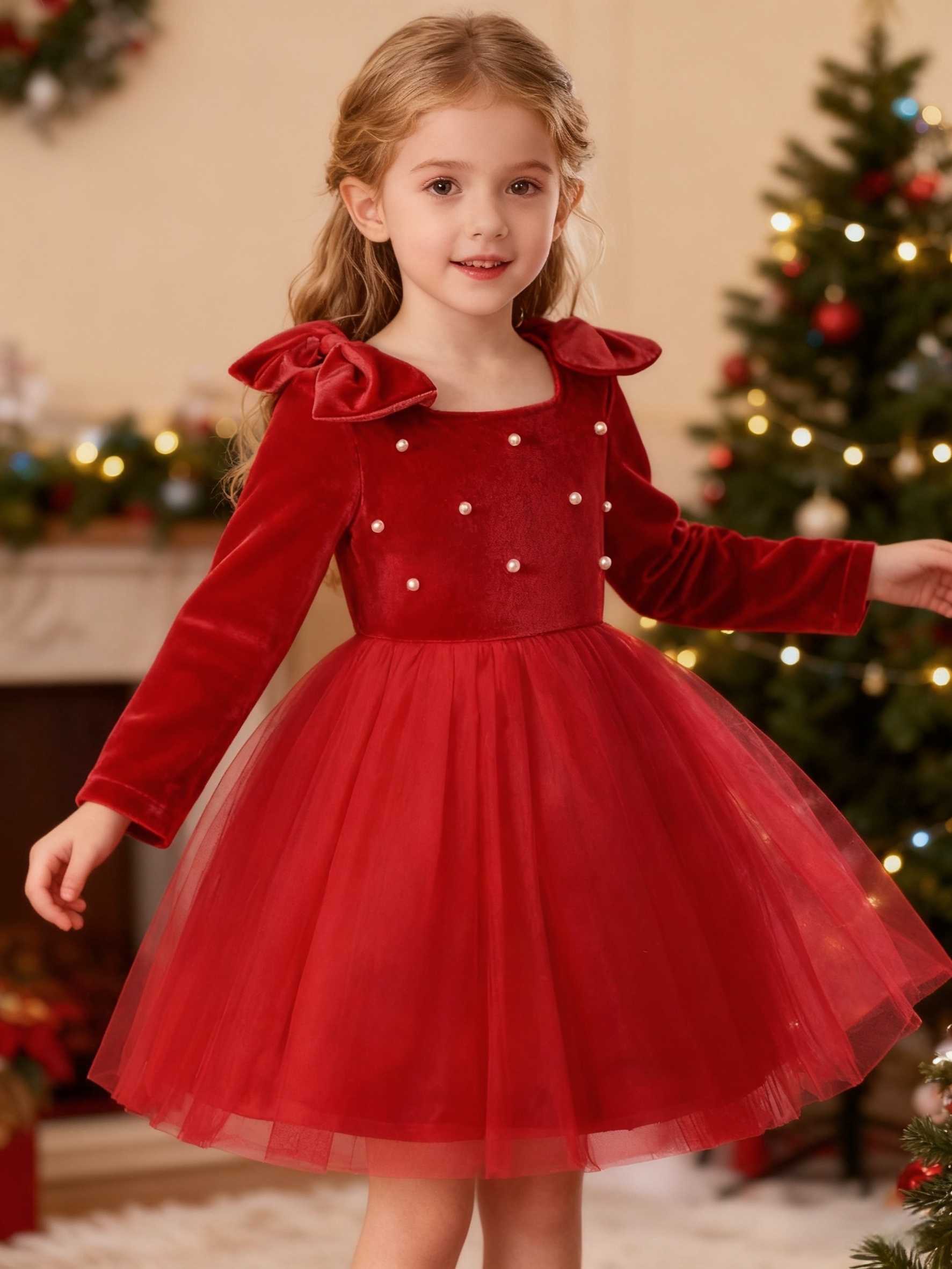 A Red Velvet Dress for Girls Featuring * Bow And Square Neckline * Autumn And Winter Occasions Like Christmas Parties, New Year Celebrations, Birthday Events, Performances, Family * Holiday 