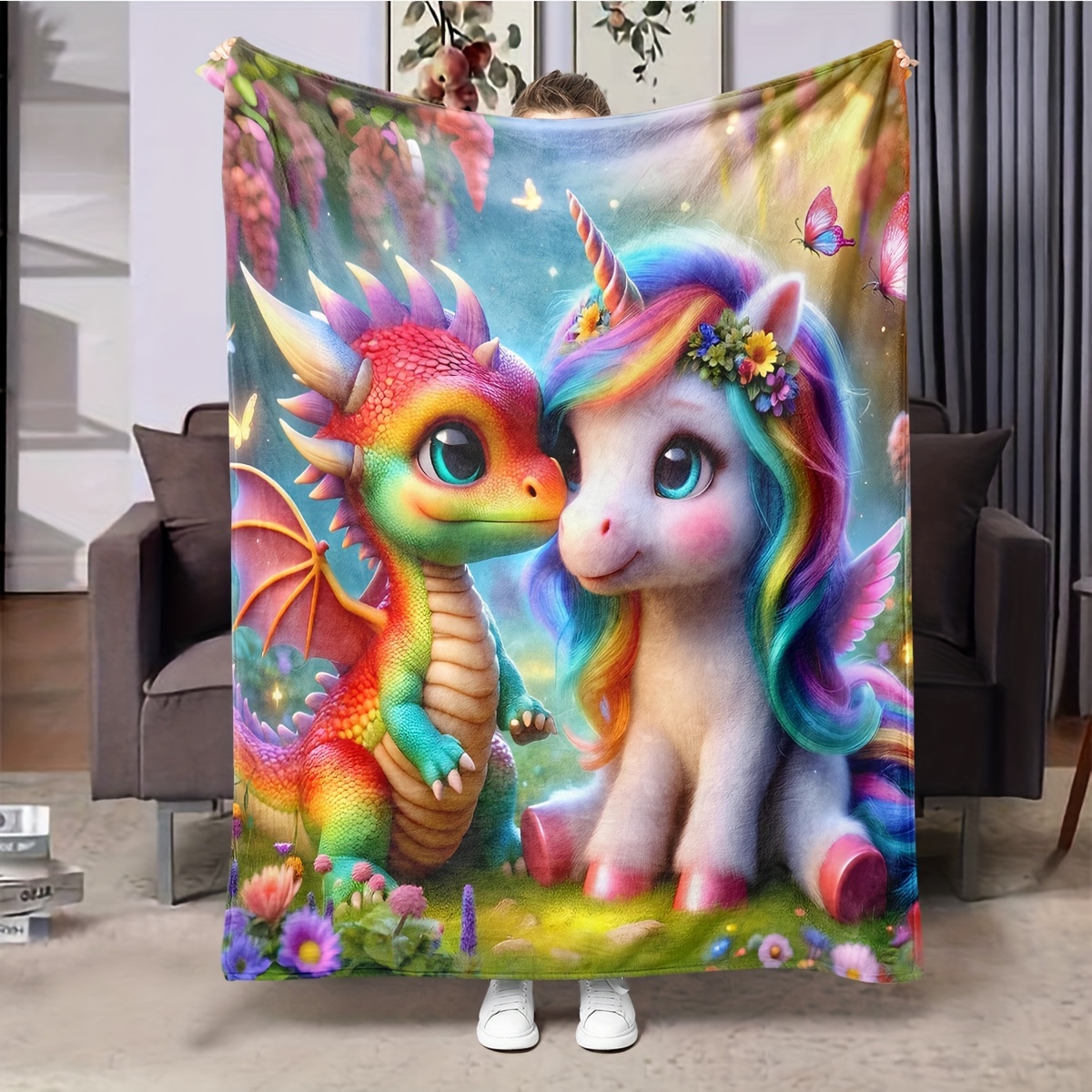 

1pc Cartoon Dinosaur And Cute Unicorn Pattern Blanket, Flannel Fabric Soft Warm Blanket For Living Room & Bedroom, Home Decor, Travel Multifunctional Blanket, Perfect Gift Blanket