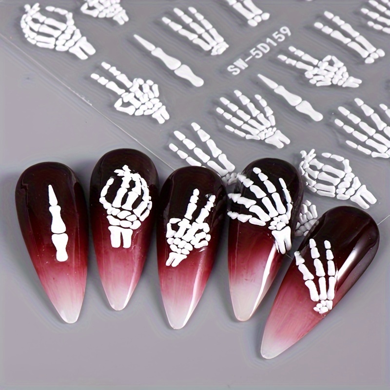 halloween 5d embossed skull hand nail art stickers self adhesive sparkle finish diy manicure decals for festive nail designs nail stickers for nail art nail decorations details 1