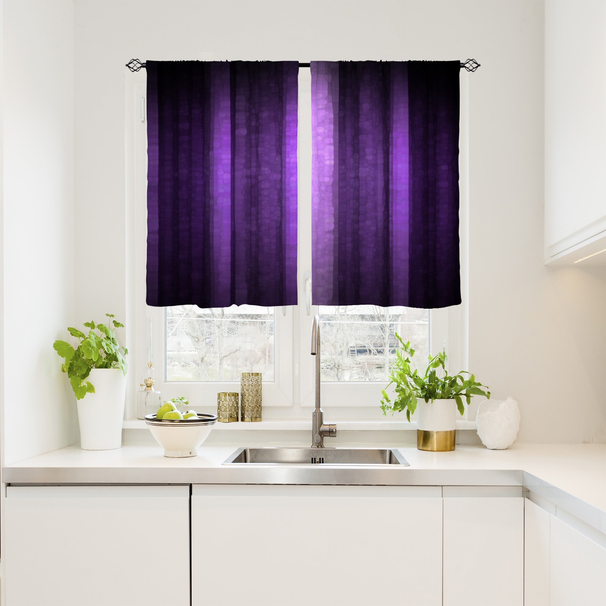 TEMU 2-pack Light Luxury Purple Printed Semi-transparent Curtains, Polyester Rod-pocket Decorative Curtains For Living Room, Game Room, Bedroom,