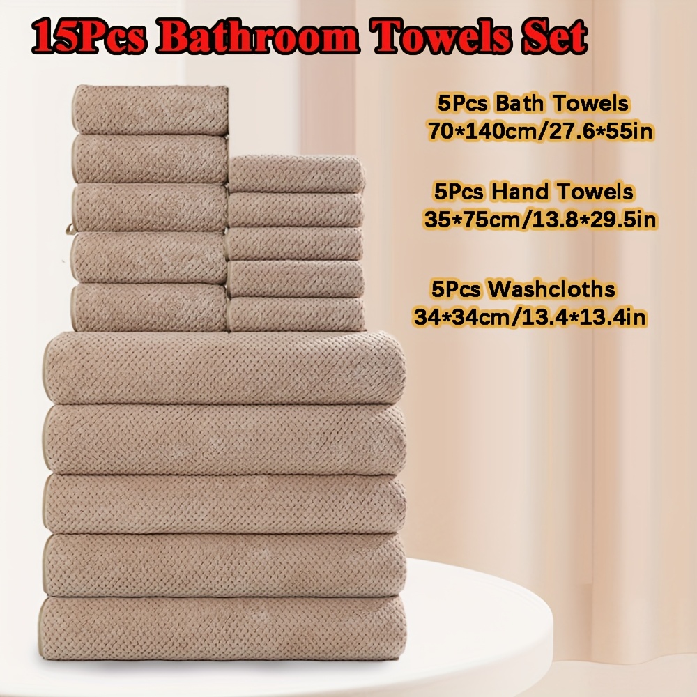 15pcs Solid Towels Set (5 Bath, 5 Hand, 5 Washcloths) - Quick-dry High Absorbent Microfiber Towel Collection Suitable For S &, Options (,, Grey,) - Gym, Spa, Travel, Use