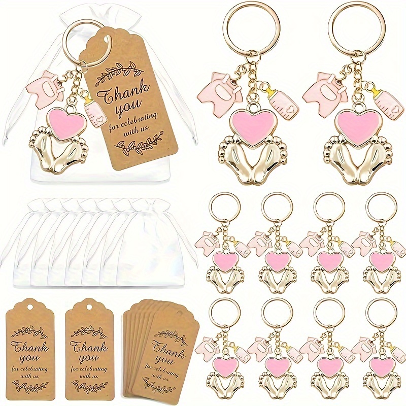 

36pcs, Pink And Blue Footprint Key Chain Gift Set Baby Shower Thank You Gift 12 Sets Boy Girl Baptism Party Footprint Bottle Clothes Pendant Key Ring And White Organza Bag And Paper Thank You Card