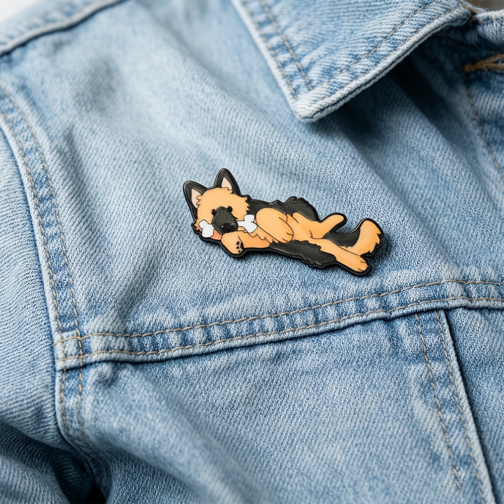 TEMU 1pc Solevdo Enamel Lapel Pin Novelty Cute Lying For German Shepherd Dog With Bone Metal Brooch - Cartoon Pet Dog Daily Theme For , Novelty